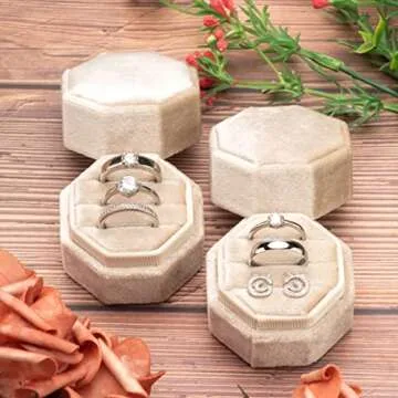 Giftop Equal Octagon Velvet Ring Box Storage 3 Slots for Wedding Ceremony Proposal Engagement Birthday Gift (Beige)