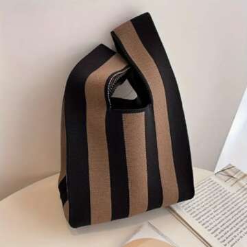 Generic Striped Knitted Tote Bag, Trendy Crochet Hobo Bag, Women's Casual Mini Handbag, Clutch & Pur...