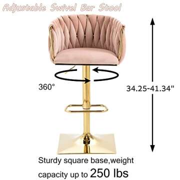 Homtique Bar Stool,Velvet Woven Bar Stools,Adjustable Counter Height Swivel Barstools with Low Back and Gold Base for Kitchen Island,Pub,Dining Room (2, Pink)