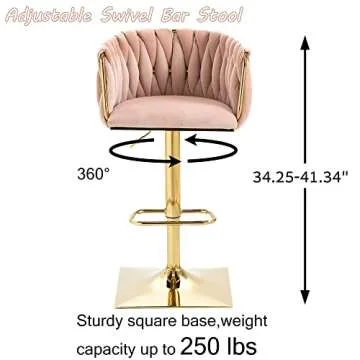 Homtique Bar Stool,Velvet Woven Bar Stools,Adjustable Counter Height Swivel Barstools with Low Back and Gold Base for Kitchen Island,Pub,Dining Room (2, Pink)