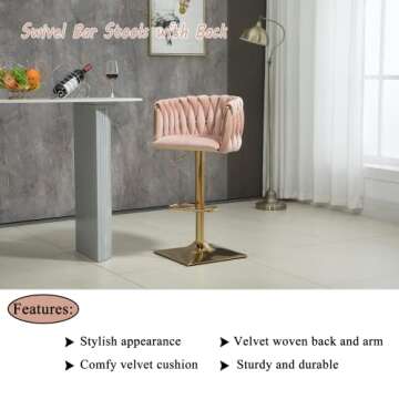 Homtique Bar Stool,Velvet Woven Bar Stools,Adjustable Counter Height Swivel Barstools with Low Back and Gold Base for Kitchen Island,Pub,Dining Room (2, Pink)