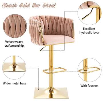 Homtique Bar Stool,Velvet Woven Bar Stools,Adjustable Counter Height Swivel Barstools with Low Back and Gold Base for Kitchen Island,Pub,Dining Room (2, Pink)