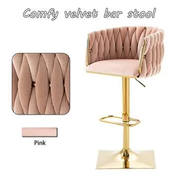 Homtique Bar Stool,Velvet Woven Bar Stools,Adjustable Counter Height Swivel Barstools with Low Back and Gold Base for Kitchen Island,Pub,Dining Room (2, Pink)