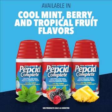 Pepcid Complete Acid Reducer + Antacid Chewables, 10 mg Famotidine, 800 mg Calcium Carbonate & 165 mg Magnesium Hydroxide per Tablet, Antacid Chews for Heartburn, Tropical Fruit, 25 Ct