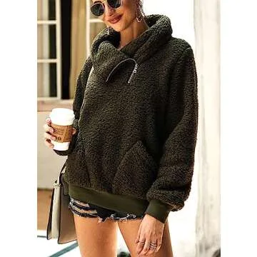 KIRUNDO Women's 2025 Winter Lapel Fuzzy Fleece Sweatshirt Faux Shearling Zipper Warm Sherpa Pullover Outwear With Pockets(Medium, Army Green)