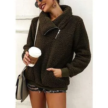 KIRUNDO Women's 2025 Winter Lapel Fuzzy Fleece Sweatshirt Faux Shearling Zipper Warm Sherpa Pullover Outwear With Pockets(Medium, Army Green)
