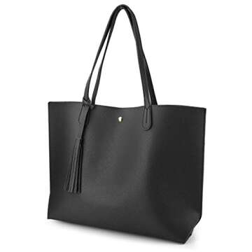 Minimalist Clean Cut Pebbled Faux Leather Tote Womens Shoulder Handbag (Black)
