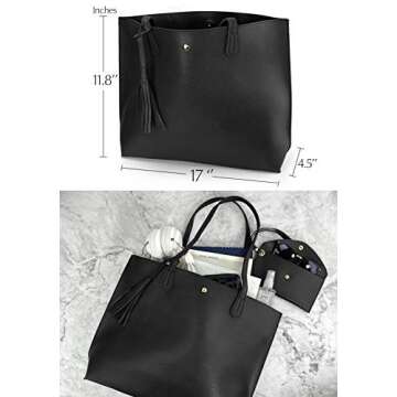 Minimalist Clean Cut Pebbled Faux Leather Tote Womens Shoulder Handbag (Black)