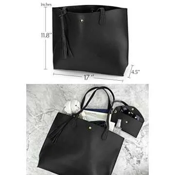 Minimalist Clean Cut Pebbled Faux Leather Tote Womens Shoulder Handbag (Black)