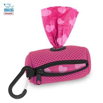 Best Pet Supplies Dog Poop Bag Holder Leash Attachment with 15 Bags, Fuchsia, Reusable Mesh Dispense...