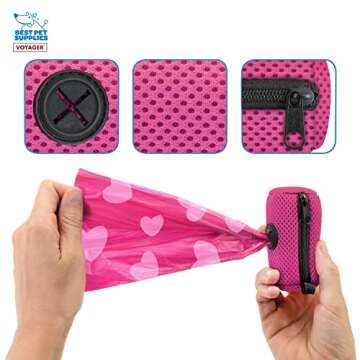 Best Pet Supplies Dog Poop Bag Holder Leash Attachment with 15 Bags, Fuchsia, Reusable Mesh Dispenser Pouch for Travel, Walking, Park, and Outdoor Use, Soft and Durable with Clip-On