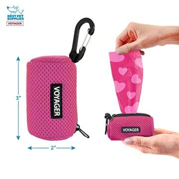 Best Pet Supplies Dog Poop Bag Holder Leash Attachment with 15 Bags, Fuchsia, Reusable Mesh Dispenser Pouch for Travel, Walking, Park, and Outdoor Use, Soft and Durable with Clip-On