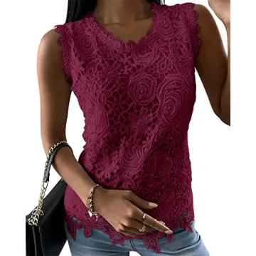 Womens Lace Tank Top Blouse Sleeveless Summer Casual Crew Neck Slim Fit Hollow Out Shirt Wine Red