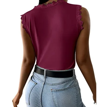Womens Lace Tank Top Blouse Sleeveless Summer Casual Crew Neck Slim Fit Hollow Out Shirt Wine Red
