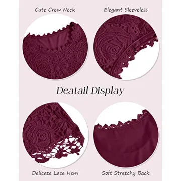 Womens Lace Tank Top Blouse Sleeveless Summer Casual Crew Neck Slim Fit Hollow Out Shirt Wine Red