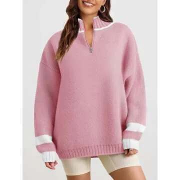 Saodimallsu Womens Oversized Sweater Casual Long Sleeve Fall Quarter Zip Striped Sweaters Lapel Mock Neck Pullover Shirt Pink