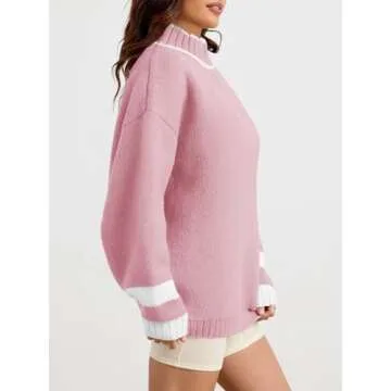 Saodimallsu Womens Oversized Sweater Casual Long Sleeve Fall Quarter Zip Striped Sweaters Lapel Mock Neck Pullover Shirt Pink