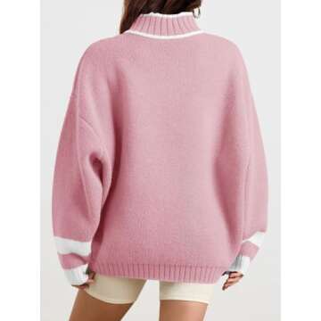 Saodimallsu Womens Oversized Sweater Casual Long Sleeve Fall Quarter Zip Striped Sweaters Lapel Mock Neck Pullover Shirt Pink