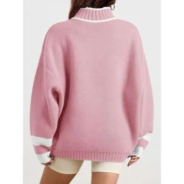 Saodimallsu Womens Oversized Sweater Casual Long Sleeve Fall Quarter Zip Striped Sweaters Lapel Mock Neck Pullover Shirt Pink