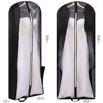 70" Bridal Wedding Gown Garment Bag Extra Large Foldable Portable Travel Dress Cover Hanging Luggage with Pockets for Womens, 8" Gusseted Black