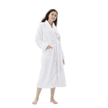 COOVA Women's Bathrobe Shawl Collar,Lounge Sleepwear Robe Side Pockets,Warm and Cozy,Medium White