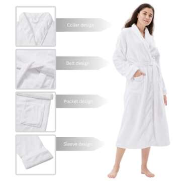 COOVA Women's Bathrobe Shawl Collar,Lounge Sleepwear Robe Side Pockets,Warm and Cozy,Medium White