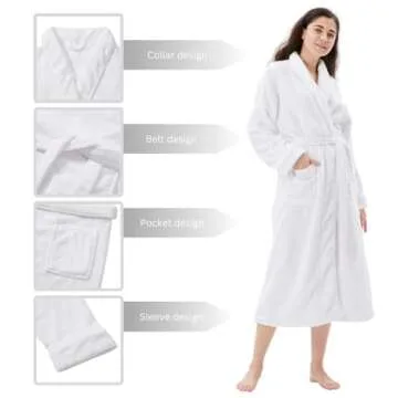 COOVA Women's Bathrobe Shawl Collar,Lounge Sleepwear Robe Side Pockets,Warm and Cozy,Medium White