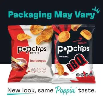 Popchips Potato Chips, BBQ, 12ct Single Serve 0.8oz Bags, Low-Calorie and Gluten Free, Salty Snacks for Adults and Children, Non-GMO, Vegan & Kosher Friendly, 100 Calories Per Bag