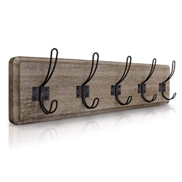 HBCY Creations Weathered Rustic Coat Rack Wall Mount with 5 Hooks, Solid Pine Wood 24 inch Wall Hook...
