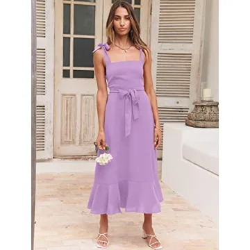 ANRABESS Women's Square Neck Ruffle Split Midi Elegant Formal Wedding Guest Cocktail Bridesmaid Graduation Party Dresses Purple Large