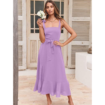 ANRABESS Women's Square Neck Ruffle Split Midi Elegant Formal Wedding Guest Cocktail Bridesmaid Graduation Party Dresses Purple Large