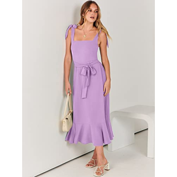 ANRABESS Women's Square Neck Ruffle Split Midi Elegant Formal Wedding Guest Cocktail Bridesmaid Graduation Party Dresses Purple Large