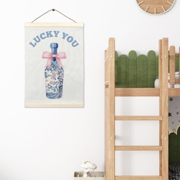 LKETW Blue Preppy Poster Hanger Frame 12x16 Inch, Lucky You Wall Art, Chinoiserie Decor, Coquette Wall Art with Wooden Frames, Grand Millennial Hanging Banner Decor for Living Room Bedroom