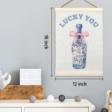 LKETW Blue Preppy Poster Hanger Frame 12x16 Inch, Lucky You Wall Art, Chinoiserie Decor, Coquette Wall Art with Wooden Frames, Grand Millennial Hanging Banner Decor for Living Room Bedroom