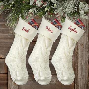 Personalization Universe Cozy Cable Knit Personalized Christmas Stocking - 21" Stocking with Custom Embroidery, Perfect for Holiday Decor, Santa Claus, Gifts, and Christmas Decor, Decorations -Ivory