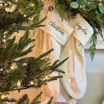 Personalization Universe Cozy Cable Knit Personalized Christmas Stocking - 21" Stocking with Custom Embroidery, Perfect for Holiday Decor, Santa Claus, Gifts, and Christmas Decor, Decorations -Ivory