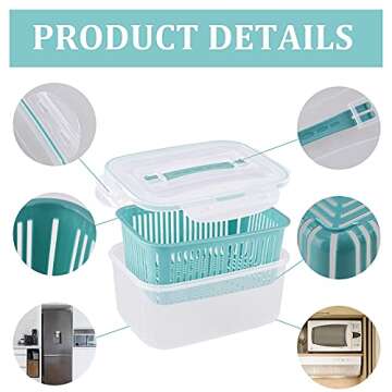 U/C Plastic Food Storage Containers, Fresh Vegetable Fruit Storage Containers for Refrigerator, Kitchen Produce Saver Container with a Draining Basket, BPA Free (5 Pack)