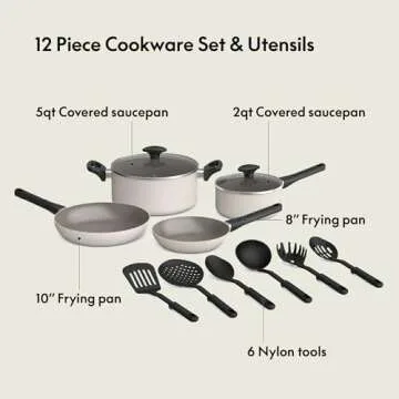 bella 12 Piece Cookware Set with EverGood™ Ceramic Nonstick Coating​, Dishwasher & Oven Safe, All Stovetops Compatible, Tempered Glass Lids and Cool Touch Handles, Oatmilk
