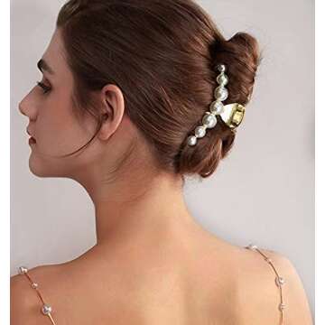 Joya Love Gold Pearl Big Metal Hair Claw Clips for Women and Girls - Thick Hair, Jumbo Clips, 3 Count (Pack of 1)