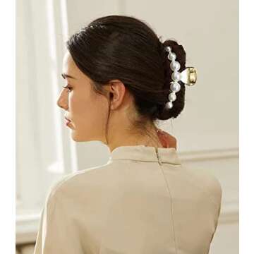 Joya Love Gold Pearl Big Metal Hair Claw Clips for Women and Girls - Thick Hair, Jumbo Clips, 3 Count (Pack of 1)