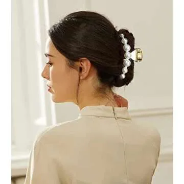 Joya Love Gold Pearl Big Metal Hair Claw Clips for Women and Girls - Thick Hair, Jumbo Clips, 3 Count (Pack of 1)