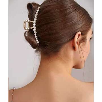 Joya Love Gold Pearl Big Metal Hair Claw Clips for Women and Girls - Thick Hair, Jumbo Clips, 3 Count (Pack of 1)