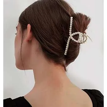 Joya Love Gold Pearl Big Metal Hair Claw Clips for Women and Girls - Thick Hair, Jumbo Clips, 3 Count (Pack of 1)