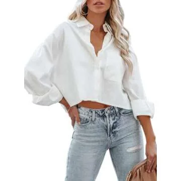 LAYOGAS Womens Crop Button Down Shirts Casual Long Sleeve Lapel Blouse with Chest Pocket Solid Color...