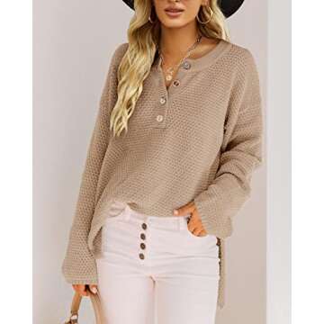 Saodimallsu Womens V Neck Oversized Sweaters Batwing Long Sleeve Button Up Henley Tops Pullover Loose Chunky Knit Jumper Khaki