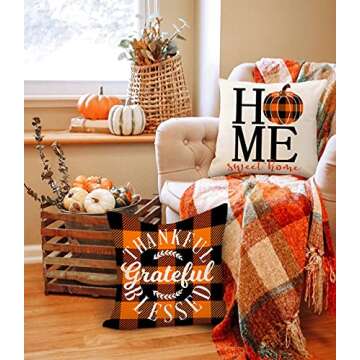 4TH Emotion Fall Decor Pillow Covers 18x18 Set of 4 Thanksgiving Buffalo Check Farmhouse Decorations Orange Black Pumpkin Maple Leaves Outdoor Decorative Throw Cushion Case for Home Couch TH025-18