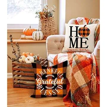 4TH Emotion Fall Decor Pillow Covers 18x18 Set of 4 Thanksgiving Buffalo Check Farmhouse Decorations Orange Black Pumpkin Maple Leaves Outdoor Decorative Throw Cushion Case for Home Couch TH025-18