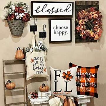 4TH Emotion Fall Decor Pillow Covers 18x18 Set of 4 Thanksgiving Buffalo Check Farmhouse Decorations Orange Black Pumpkin Maple Leaves Outdoor Decorative Throw Cushion Case for Home Couch TH025-18