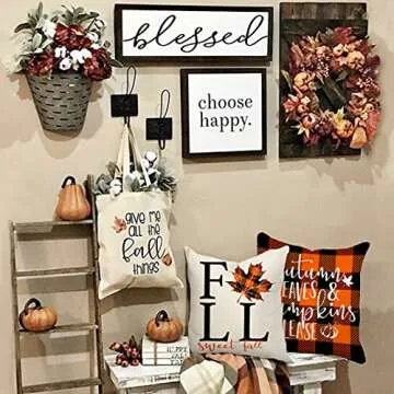 4TH Emotion Fall Decor Pillow Covers 18x18 Set of 4 Thanksgiving Buffalo Check Farmhouse Decorations Orange Black Pumpkin Maple Leaves Outdoor Decorative Throw Cushion Case for Home Couch TH025-18