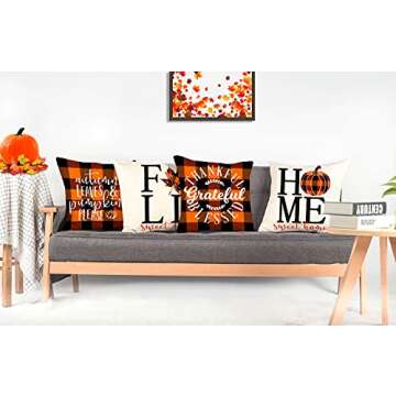 4TH Emotion Fall Decor Pillow Covers 18x18 Set of 4 Thanksgiving Buffalo Check Farmhouse Decorations Orange Black Pumpkin Maple Leaves Outdoor Decorative Throw Cushion Case for Home Couch TH025-18